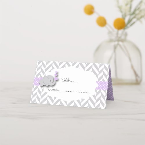 Purple  Gray Elephant Baby Shower Place Card