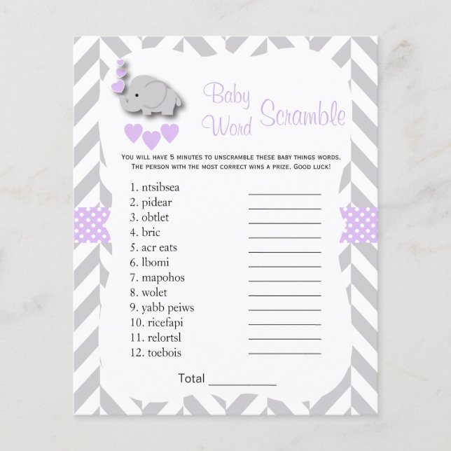 Purple & Gray Elephant Baby Shower - Scramble Flyer (Front)