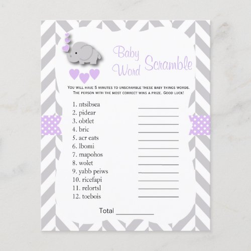 Purple  Gray Elephant Baby Shower _ Scramble Flyer