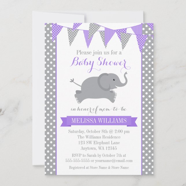 Purple Gray Elephant Polka Dot Bunting Baby Shower Invitation (Front)