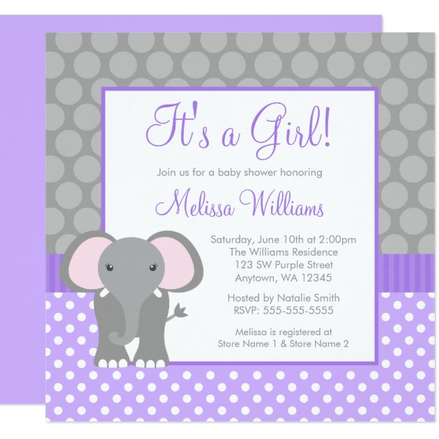 Purple Gray Elephant Polka Dot Girl Baby Shower Invitation