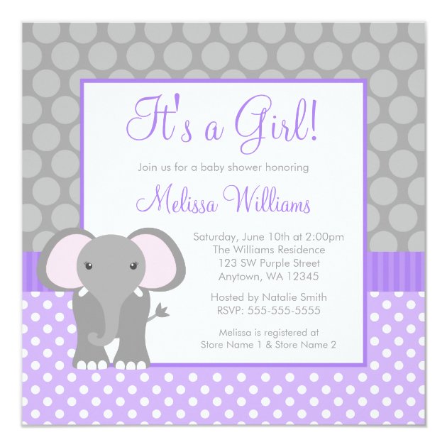 Purple Gray Elephant Polka Dot Girl Baby Shower Invitation
