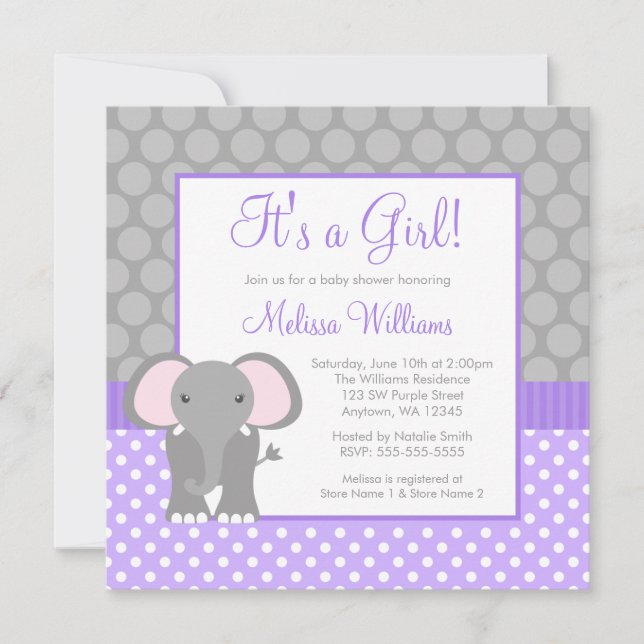 Purple Gray Elephant Polka Dot Girl Baby Shower Invitation (Front)
