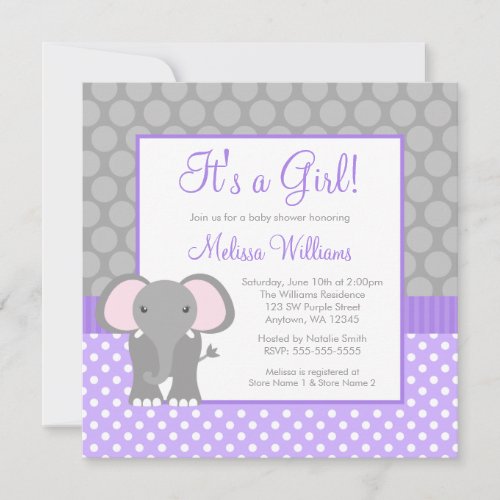 Purple Gray Elephant Polka Dot Girl Baby Shower Personalized Announcements