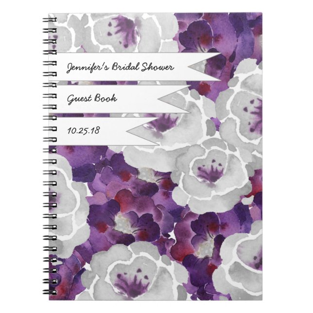 Purple Gray Floral Bridal shower guest book (Front)