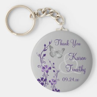 Purple, Gray Floral Butterflies Wedding Favor Keychain