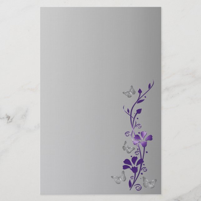 Purple, Gray Floral Butterflies Wedding Stationery (Front)