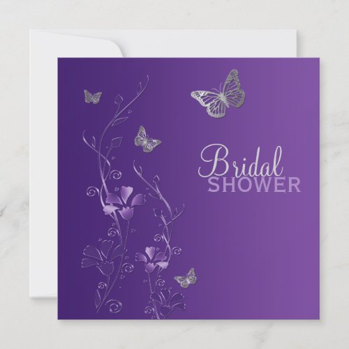 Purple Gray Floral Butterfly Bridal Shower Invite