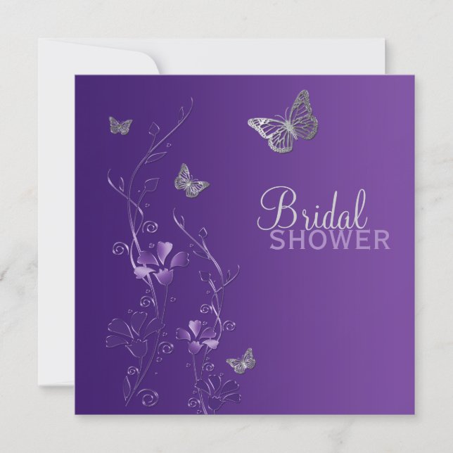 Purple Gray Floral Butterfly Bridal Shower Invite (Front)