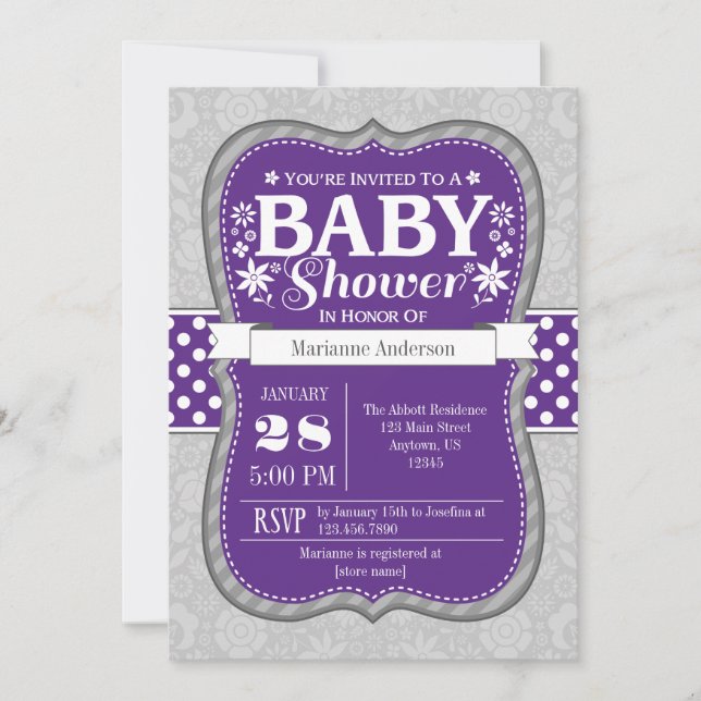 Purple Gray Floral Flower Baby Shower Invitation (Front)