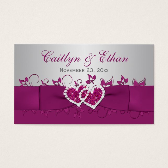 Purple, Gray Floral, Hearts Wedding Favor Tag (Front)