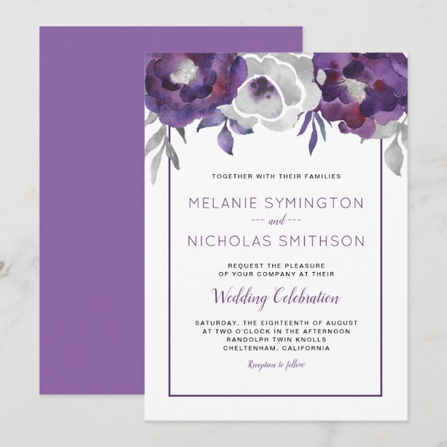 Purple Gray Floral wedding celebration invitations (Front/Back)