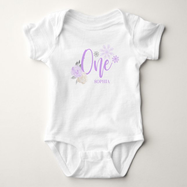Purple Gray Floral Winter ONEderland 1st Birthday Baby Bodysuit (Front)