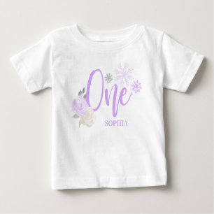 Purple Gray Floral Winter ONEderland 1st Birthday Baby T-Shirt