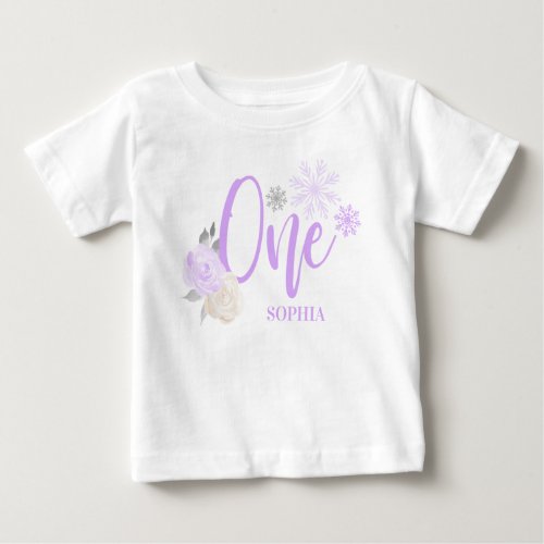 Purple Gray Floral Winter ONEderland 1st Birthday Baby T_Shirt