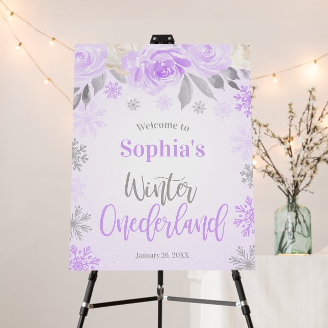 Purple Gray Floral Winter ONEderland 1st Birthday Foam Board (In Situ (Stand))