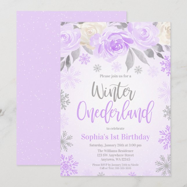 Purple Gray Floral Winter ONEderland 1st Birthday Invitation (Front/Back)