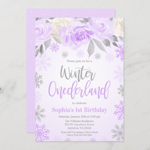 Purple Gray Floral Winter ONEderland 1st Birthday Invitation