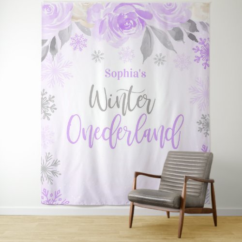 Purple Gray Floral Winter ONEderland Backdrop