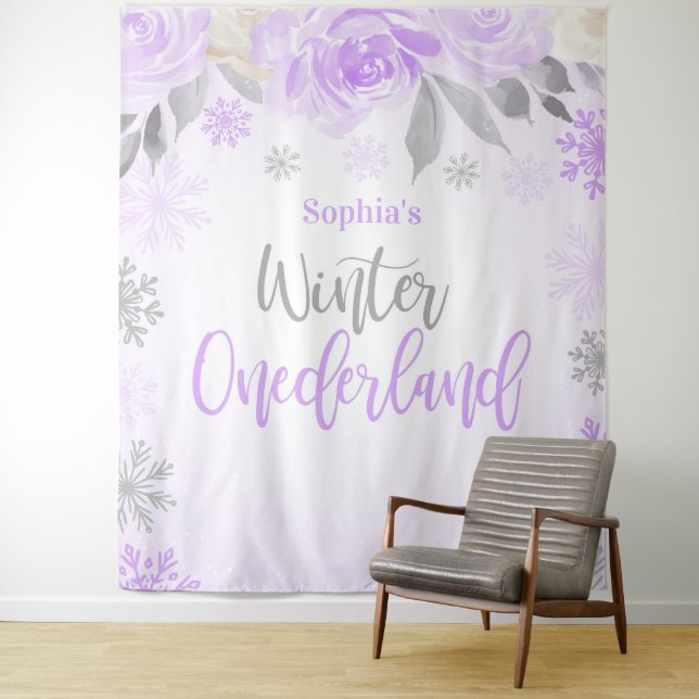 Purple Gray Floral Winter ONEderland Backdrop (In Situ)