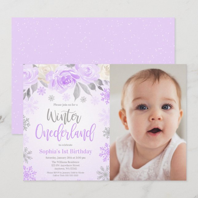 Purple Gray Floral Winter ONEderland Photo Invitation (Front/Back)