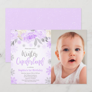 Purple Gray Floral Winter ONEderland Photo Invitation