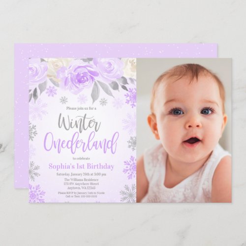 Purple Gray Floral Winter ONEderland Photo Invitation