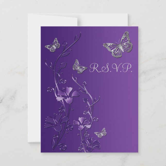 Purple, Gray Floral with Butterflies RSVP Card 2 (Front)