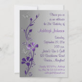 Purple, Gray Flowers & Butterflies 21st Invitation (Back)