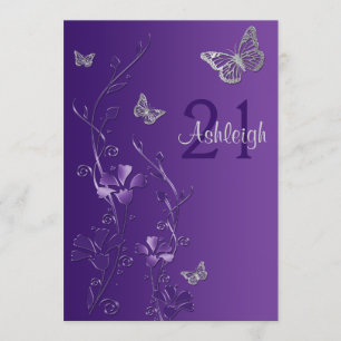 Purple, Gray Flowers & Butterflies 21st Invitation
