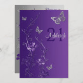Purple, Gray Flowers & Butterflies 21st Invitation (Front/Back)