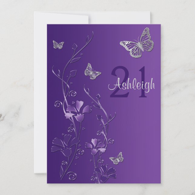 Purple, Gray Flowers & Butterflies 21st Invitation (Front)