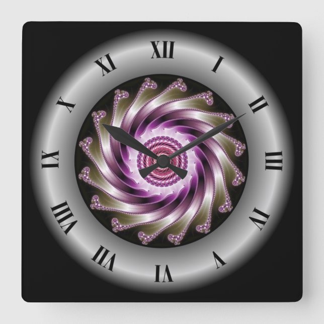 Purple Gray Fractal Spiral Design ~ Mandelbrot ~ Square Wall Clock (Front)