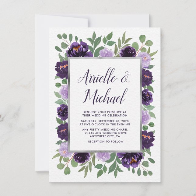Purple Gray Garden Green Plum Wedding Invitations (Front)
