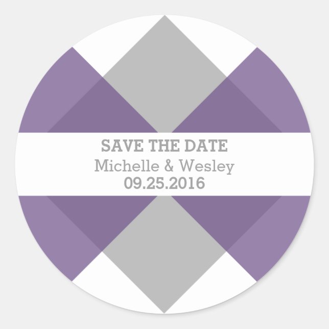 Purple Gray Geometric Triad Save the Date Stickers (Front)