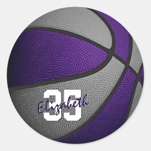 purple gray girls boys basketball team colors classic round sticker