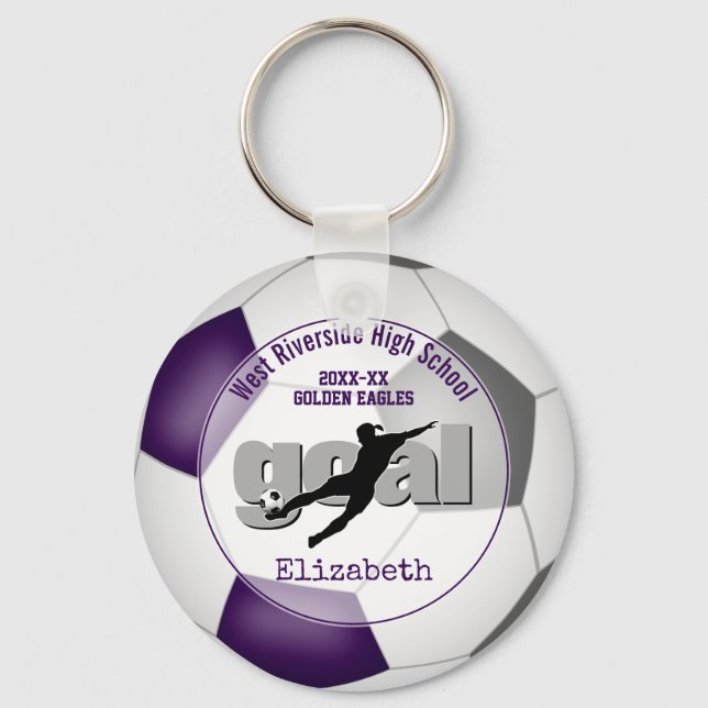 purple gray girls soccer goal team spirit sports keychain (Front)