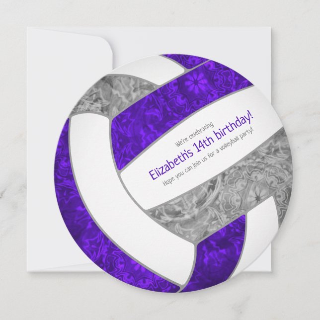 purple gray girly volleyball birthday party announcement (Front)