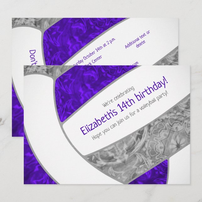 purple gray girly volleyball birthday party invitation (Front/Back)