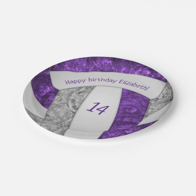 purple gray girly volleyball birthday party paper plates (Angled)
