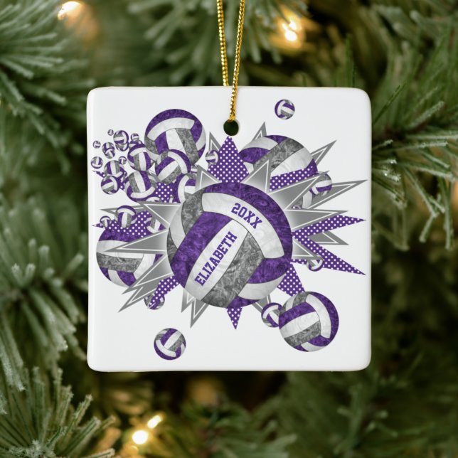purple gray girly volleyball blowout sports ceramic ornament (Tree)