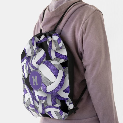 purple gray girly volleyball team colors drawstring bag