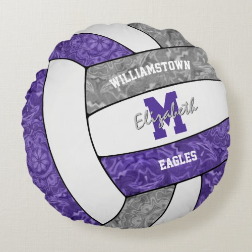 Purple gray girly volleyball team colors round pillow