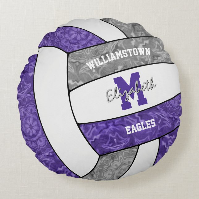 Purple gray girly volleyball team colors round pillow (Front)