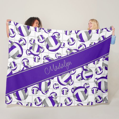 Purple gray girly volleyballs pattern net accent fleece blanket