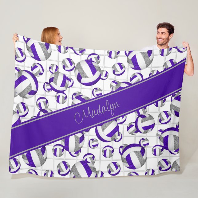 Purple gray girly volleyballs pattern net accent fleece blanket (In Situ)
