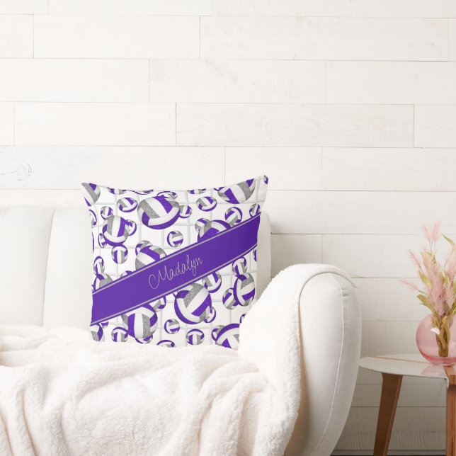 Purple gray girly volleyballs pattern net accent throw pillow (Couch)
