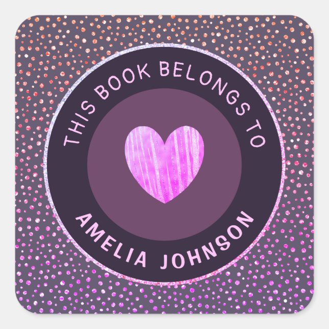 Purple Gray Glitter And Heart Back To School Chic Square Sticker (Front)
