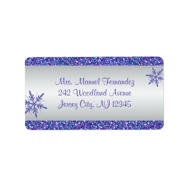 Purple Gray Glitter Snowflake Return Address Label (Front)