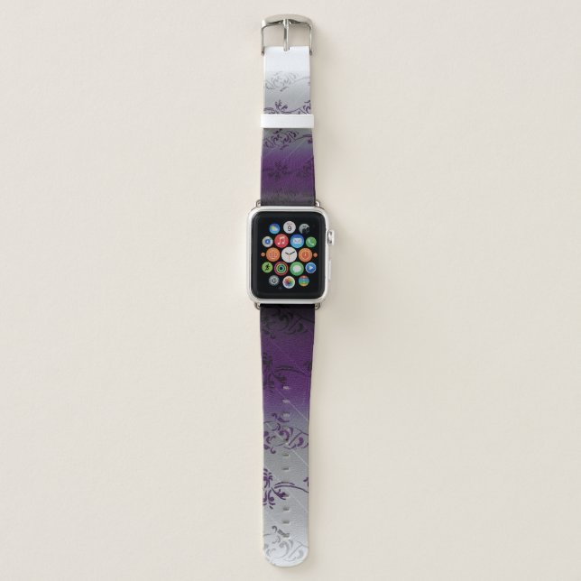 Purple Gray Gradient Striped Floral Leaf Pattern Apple Watch Band (Front)